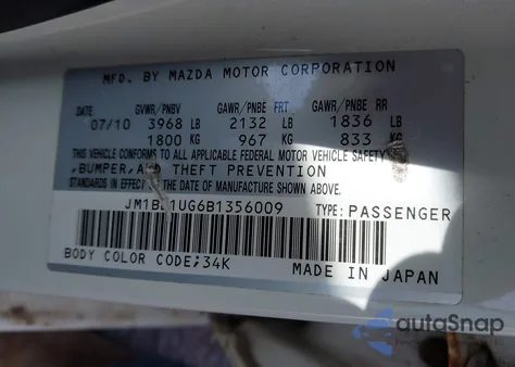 2011 Mazda Mazda3 I Sport z USA, uszkodzony, nr VIN JM1BL1UG6B1356009